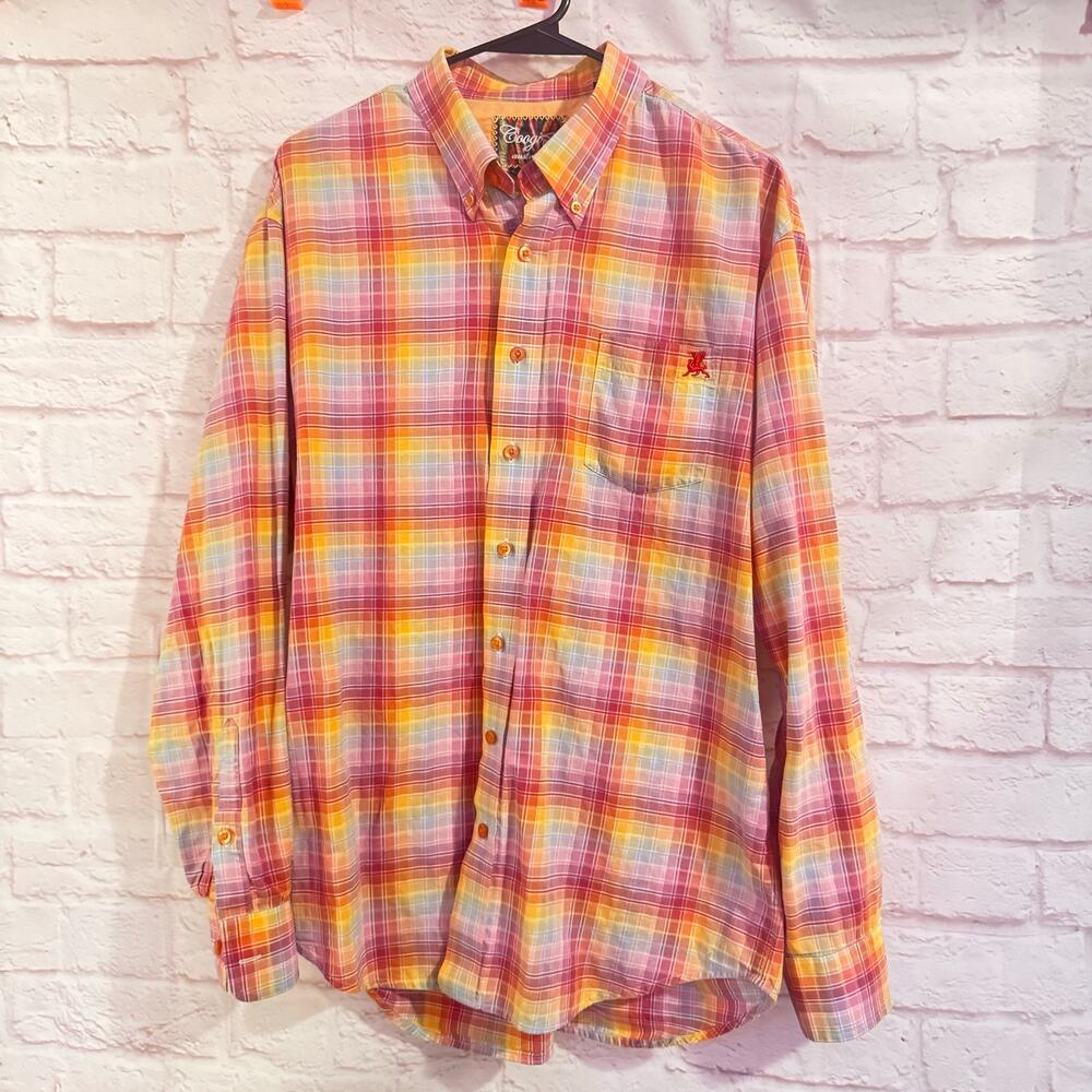 Coogi Sz L (6) men’s Orange/yellow/multi Plaid Button Up Shirt 32” in length